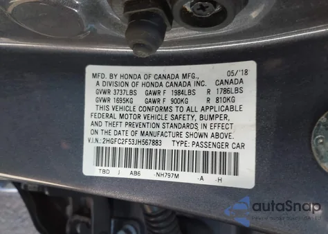 2018 Honda Civic Lx z USA, uszkodzony, nr VIN 2HGFC2F53JH567883